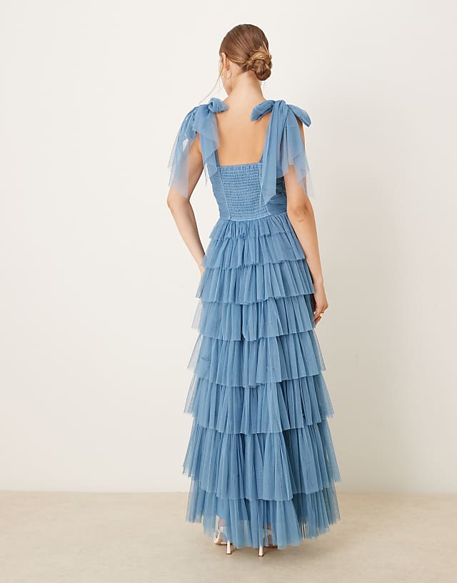 Asos Lace & Beads Bow Shoulder Tiered Tulle Maxi Dress In Blue