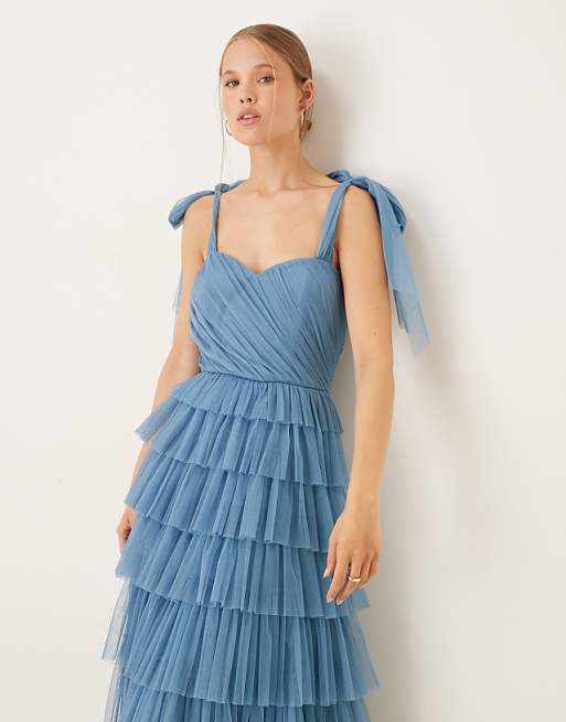 Asos Lace & Beads Bow Shoulder Tiered Tulle Maxi Dress In Blue