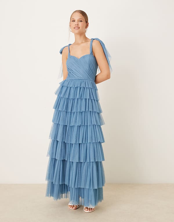 asos Lace & Beads bow shoulder tiered tulle maxi dress in blue