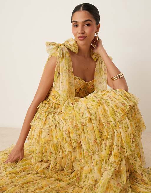 asos Lace & Beads bow shoulder tiered tulle maxi dress in yellow floral