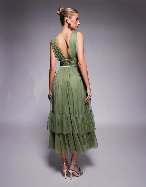 Asos Lace & Beads Bow Waist Tiered Tulle Midaxi Dress In Soft Olive