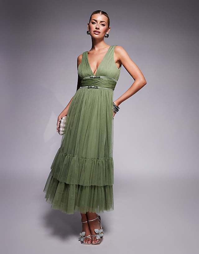asos Lace & Beads bow waist tiered tulle midaxi dress in soft olive
