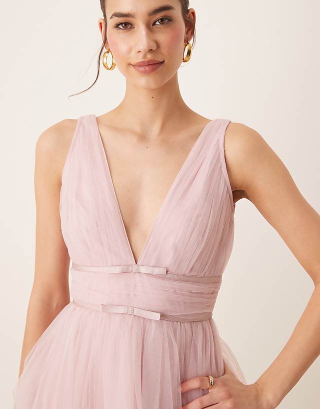 Asos Lace & Beads Bow Waist Tulle Mini Dress In Baby Pink