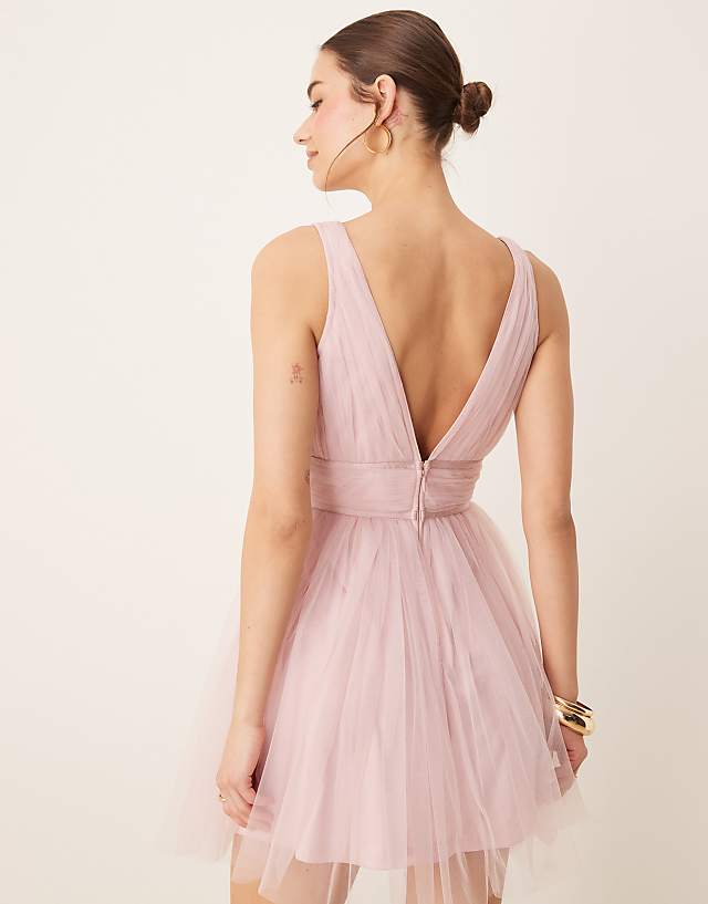 Asos Lace & Beads Bow Waist Tulle Mini Dress In Baby Pink