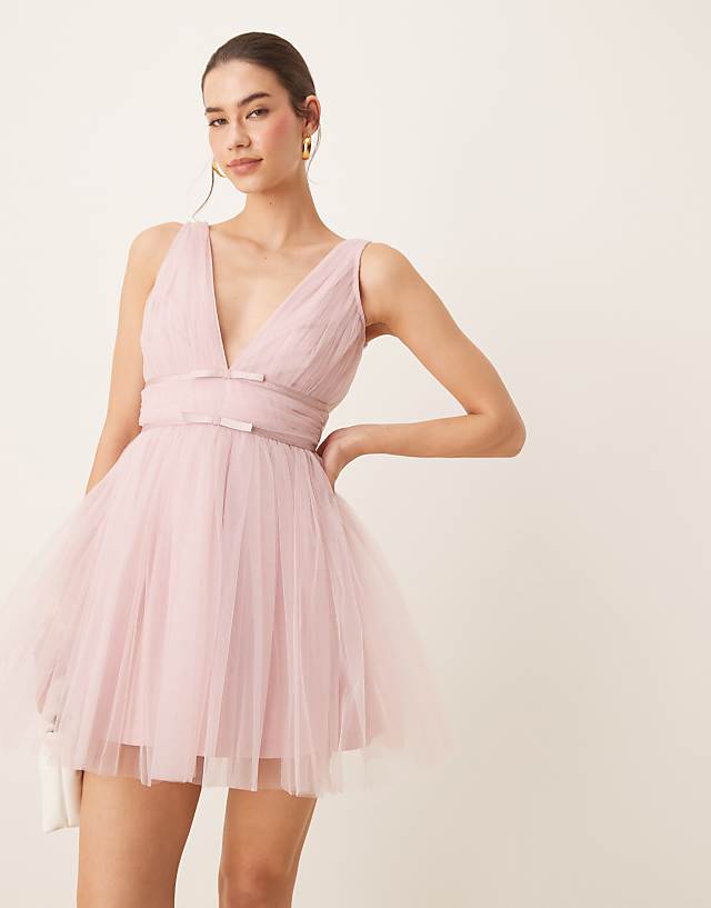 Asos Lace & Beads Bow Waist Tulle Mini Dress In Baby Pink