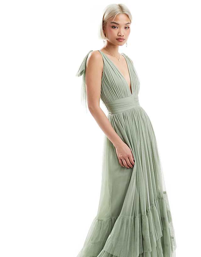 Asos Lace & Beads Bridesmaid Madison Bow Shoulder Maxi Dress In Dusty Sage