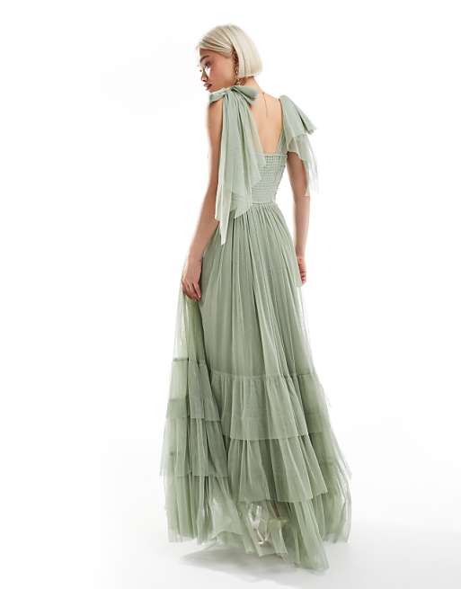 Asos Lace & Beads Bridesmaid Madison Bow Shoulder Maxi Dress In Dusty Sage