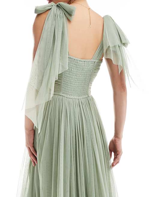 Asos Lace & Beads Bridesmaid Madison Bow Shoulder Maxi Dress In Dusty Sage