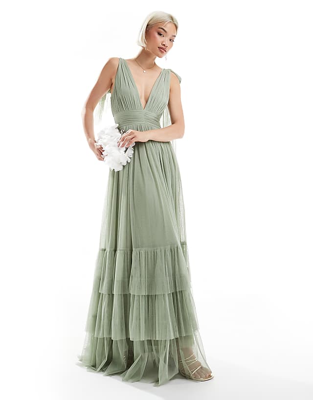 asos Lace & Beads Bridesmaid Madison bow shoulder maxi dress in dusty sage