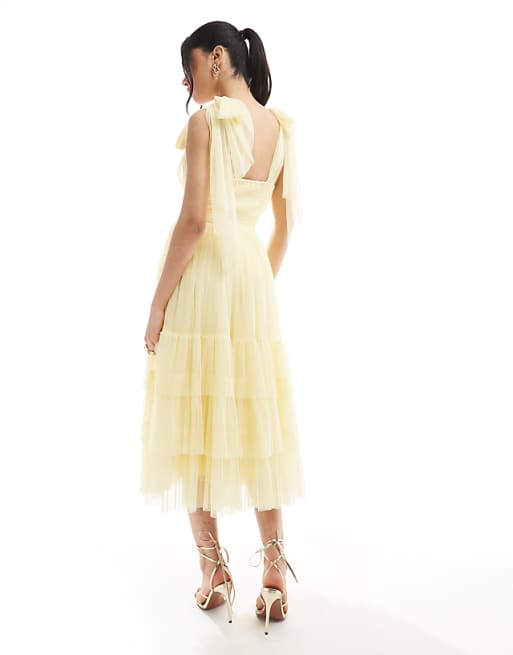 Asos Lace & Beads Bridesmaid Madison Bow Shoulder Midaxi Dress In Butter Yellow