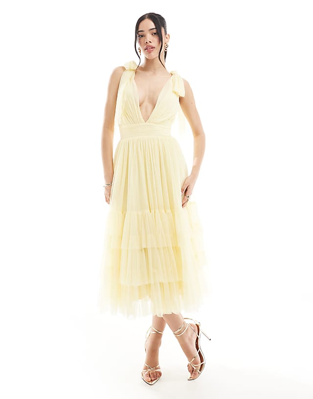 asos Lace & Beads Bridesmaid Madison bow shoulder midaxi dress in butter yellow