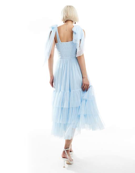Asos Lace & Beads Bridesmaid Madison Bow Shoulder Tiered Midi Dress In Powder Blue