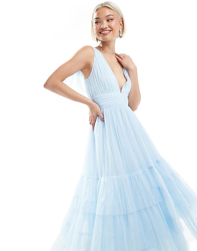 Asos Lace & Beads Bridesmaid Madison Bow Shoulder Tiered Midi Dress In Powder Blue
