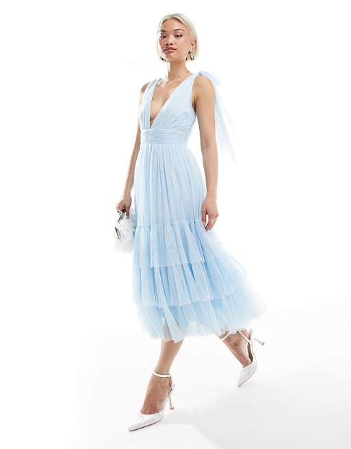 asos Lace & Beads Bridesmaid Madison bow shoulder tiered midi dress in powder blue