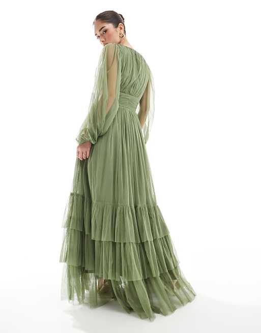 Asos Lace & Beads Bridesmaid Madison Long Sleeve Maxi Dress In Soft Olive