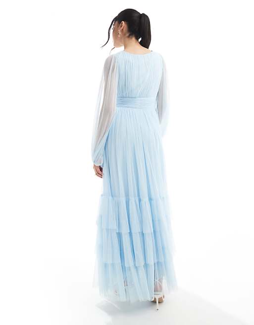 Asos Lace & Beads Bridesmaid Madison Long Sleeve Maxi Dress In Powder Blue