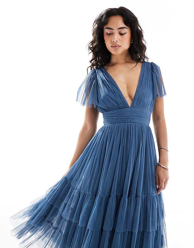 Asos Lace & Beads Bridesmaid Madison Midi Dress In Deep Blue