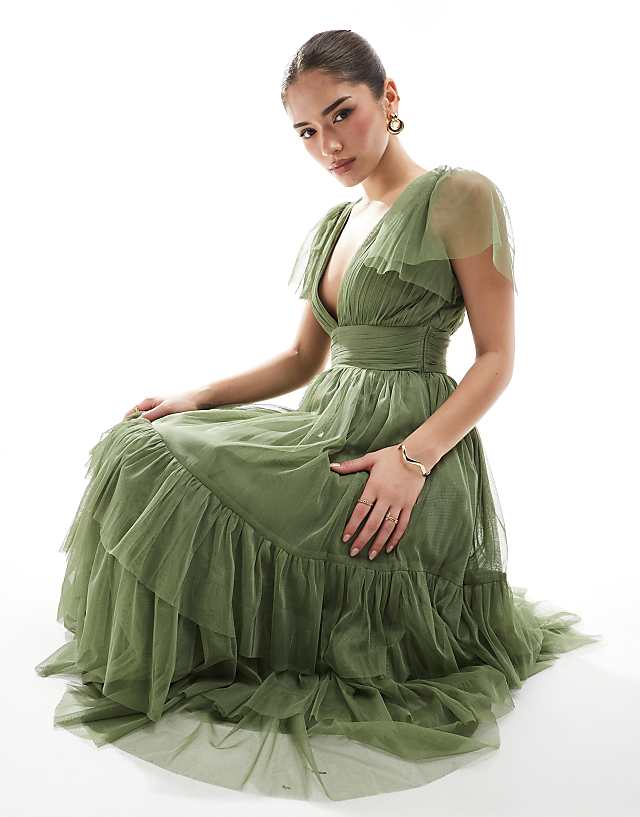 Asos Lace & Beads Bridesmaid Madison Midi Dress In Soft Olive
