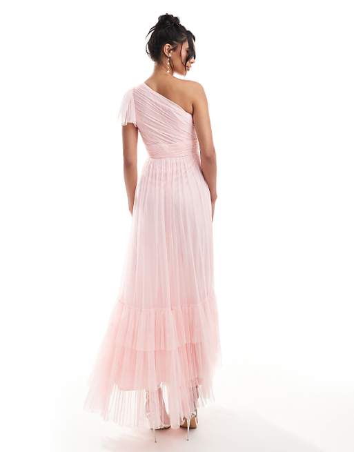 Asos Lace & Beads Bridesmaid Madison One Shoulder Tulle Maxi Dress In Soft Pink