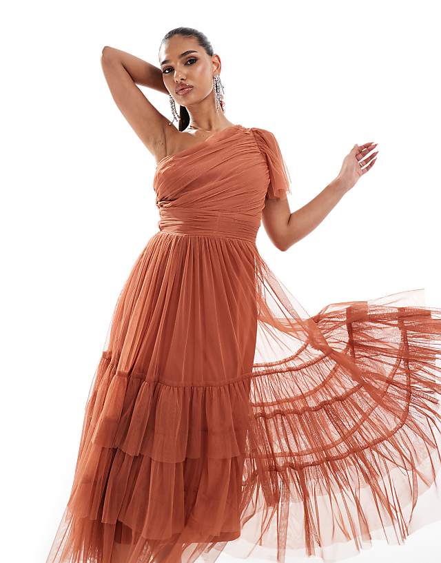Asos Lace & Beads Bridesmaid Madison One Shoulder Tulle Midi Dress In Terracotta Rose