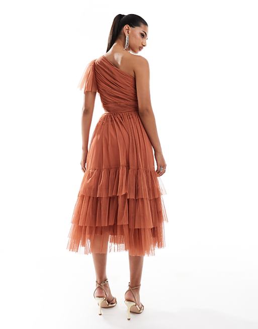 Asos Lace & Beads Bridesmaid Madison One Shoulder Tulle Midi Dress In Terracotta Rose