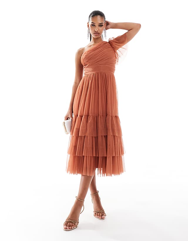 asos Lace & Beads Bridesmaid Madison one shoulder tulle midi dress in terracotta rose