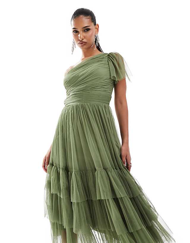 Asos Lace & Beads Bridesmaid Madison One Shoulder Tulle Midi Dress In Soft Olive