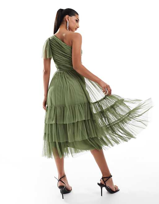 Asos Lace & Beads Bridesmaid Madison One Shoulder Tulle Midi Dress In Soft Olive