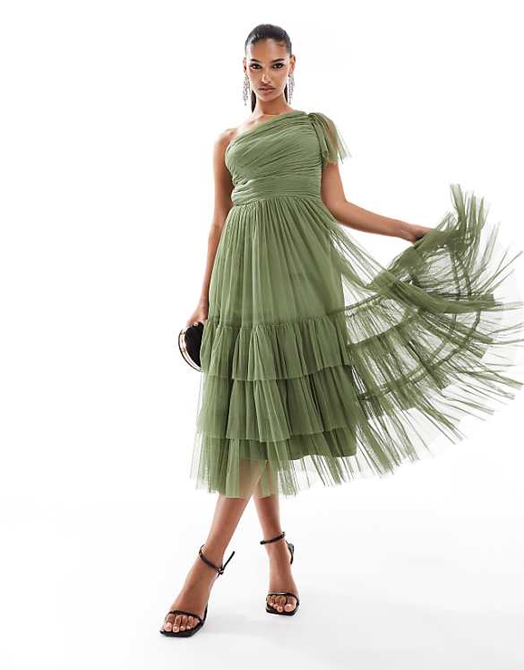 asos Lace & Beads Bridesmaid Madison one shoulder tulle midi dress in soft olive
