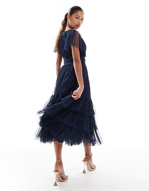 Asos Lace & Beads Bridesmaid Madison V Neck Tulle Midi Dress In Navy