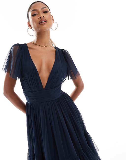 Asos Lace & Beads Bridesmaid Madison V Neck Tulle Midi Dress In Navy