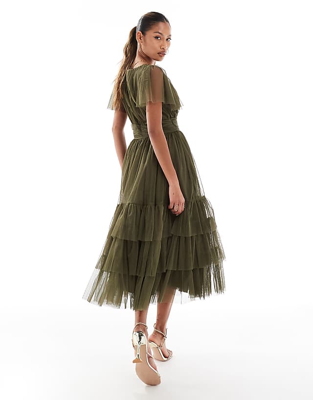 Asos Lace & Beads Bridesmaid Madison V Neck Tulle Midi Dress In Deep Olive