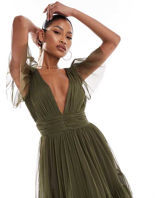 Asos Lace & Beads Bridesmaid Madison V Neck Tulle Midi Dress In Deep Olive