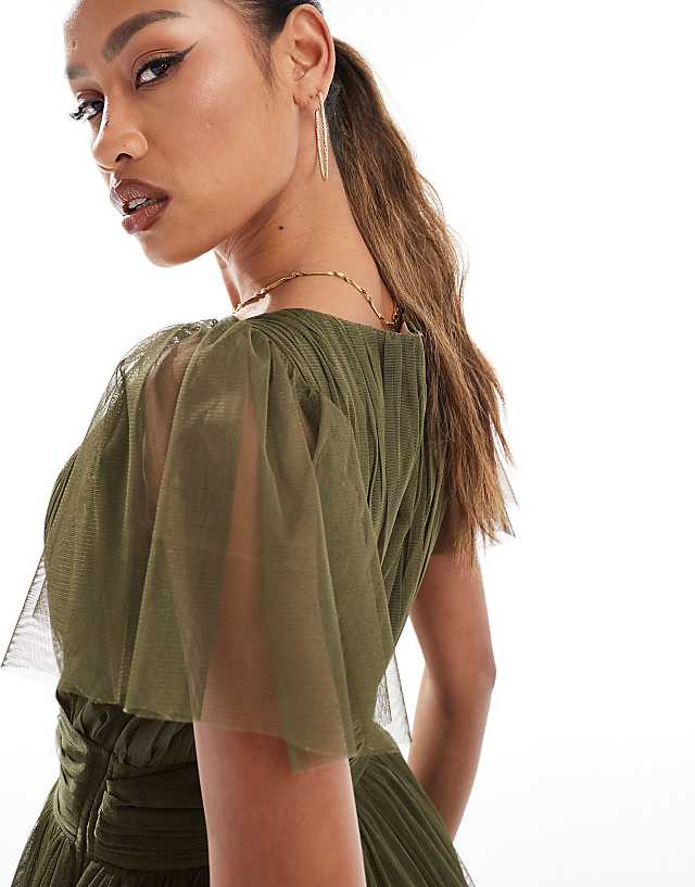 Asos Lace & Beads Bridesmaid Madison V Neck Tulle Midi Dress In Deep Olive