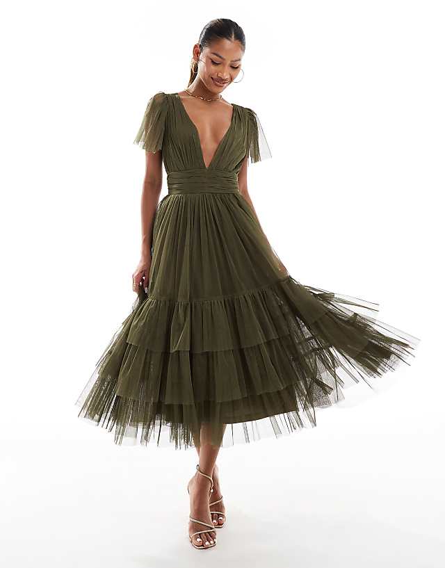 asos Lace & Beads Bridesmaid Madison v neck tulle midi dress in deep olive