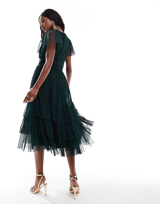 Asos Lace & Beads Bridesmaid Madison V Neck Tulle Midi Dress In Dark Green