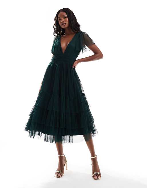 Asos Lace & Beads Bridesmaid Madison V Neck Tulle Midi Dress In Dark Green