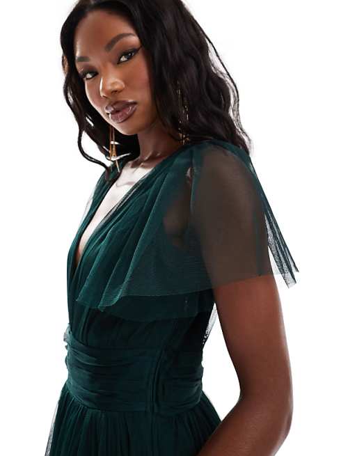 Asos Lace & Beads Bridesmaid Madison V Neck Tulle Midi Dress In Dark Green