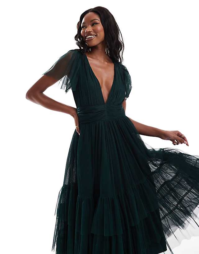 asos Lace & Beads Bridesmaid Madison v neck tulle midi dress in dark green