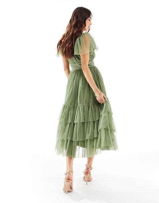 Asos Lace & Beads Bridesmaid Madison V Neck Tulle Midi Dress In Soft Olive