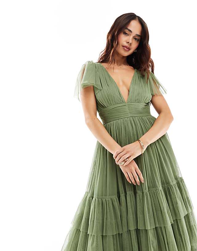 Asos Lace & Beads Bridesmaid Madison V Neck Tulle Midi Dress In Soft Olive