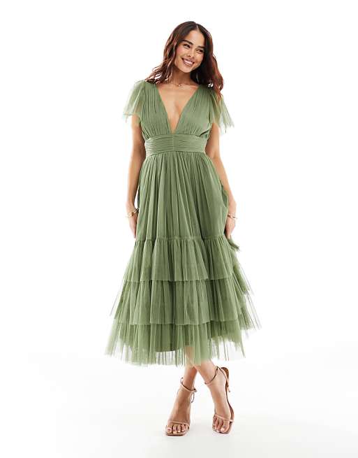 asos Lace & Beads Bridesmaid Madison v neck tulle midi dress in soft olive
