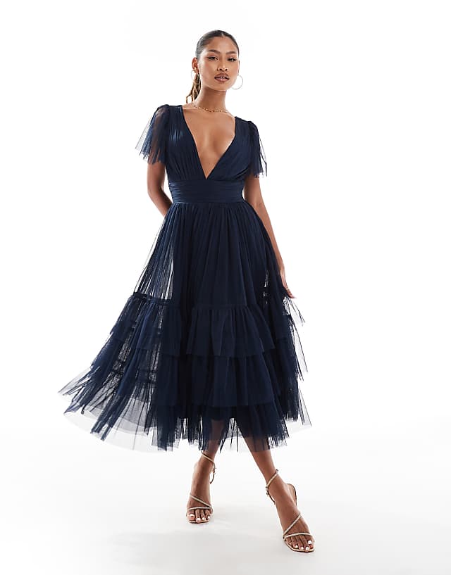 asos Lace & Beads Bridesmaid Madison v neck tulle midi dress in navy