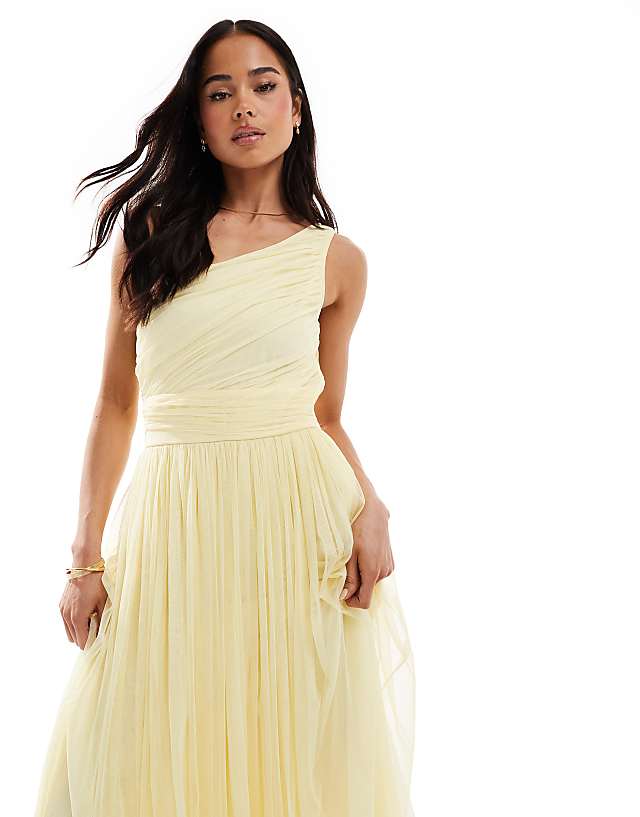 Asos Lace & Beads Bridesmaid One Shoulder Maxi Dress In Butter Yellow