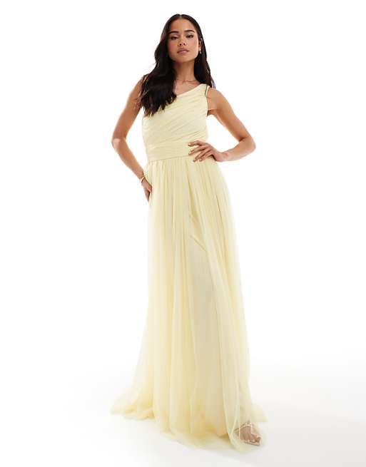 asos Lace & Beads Bridesmaid one shoulder maxi dress in butter yellow