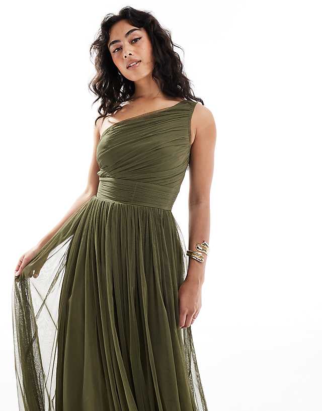 Asos Lace & Beads Bridesmaid One Shoulder Maxi Dress In Deep Olive