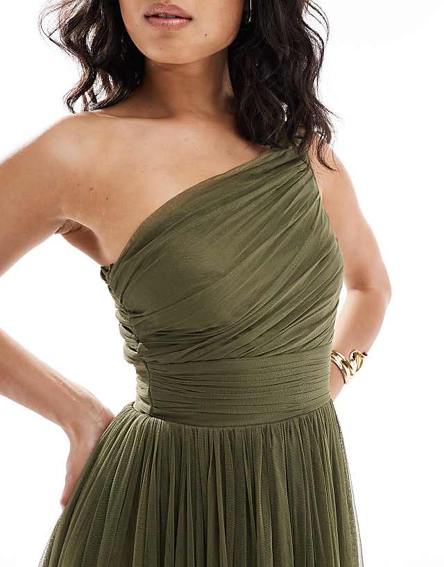 Asos Lace & Beads Bridesmaid One Shoulder Maxi Dress In Deep Olive