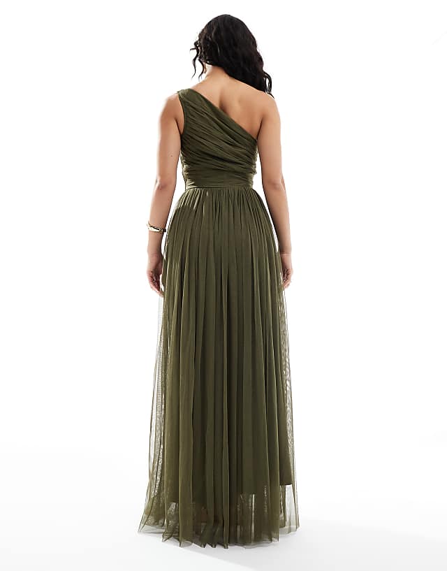 Asos Lace & Beads Bridesmaid One Shoulder Maxi Dress In Deep Olive