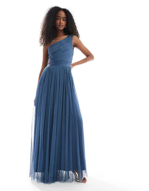 Asos Lace & Beads Bridesmaid One Shoulder Maxi Dress In Deep Blue