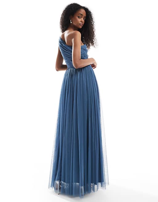 Asos Lace & Beads Bridesmaid One Shoulder Maxi Dress In Deep Blue